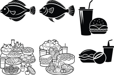Black and White Food Icons: Fish, Burgers, Drinks, Cakes, and Assorted Dishes - Vector Illustration for Culinary Designs