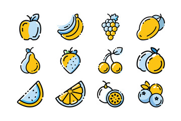 Colorful Line Art Icons of Various Fruits