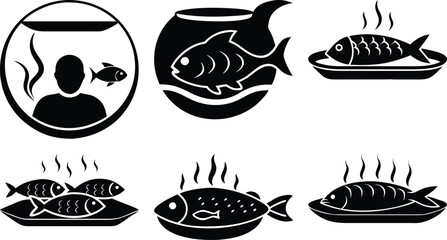 Black & White Fish Icons: Aquarium, Bowl, Cooked Fish on Plate - Vector Illustration of Seafood & Pets for Graphic Design Projects