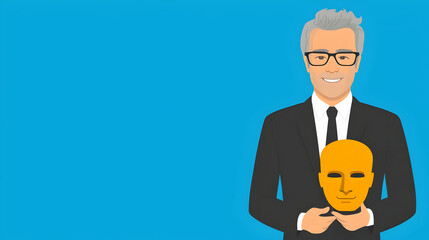 Professional Man Holding Yellow Mask Against Blue Background