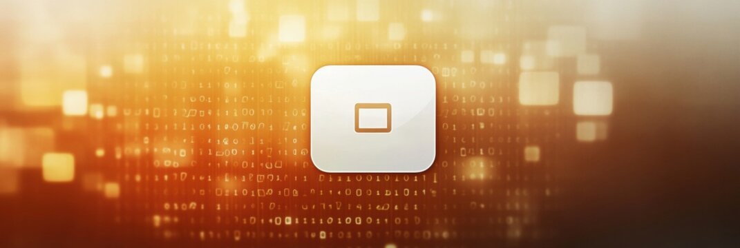 Centered white computer icon on abstract digital background embodying technology and data processing with space for text