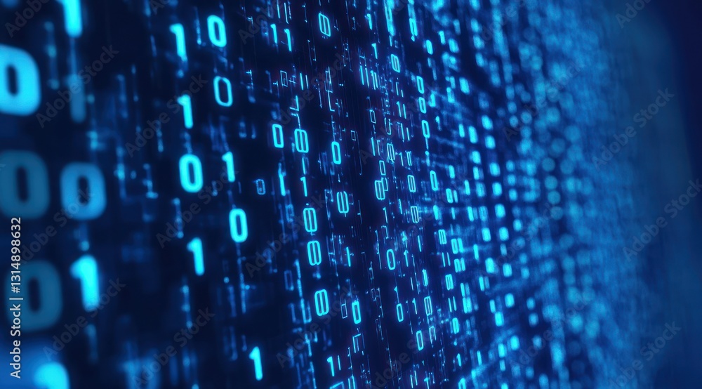 Poster blue binary code background with blue numbers on dark blue data and cyber technology concept.