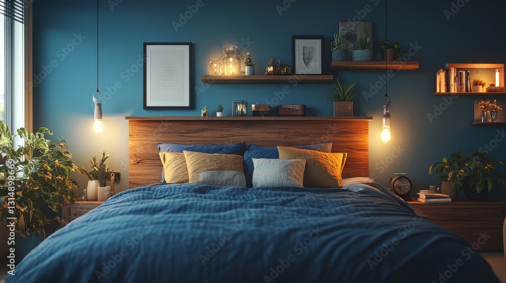 Aufkleber a serene bedroom showcases a plush bed adorned with blue bedding and surrounded by soft, ambient lig