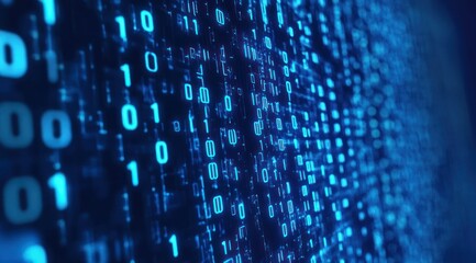 Fototapeta premium Blue binary code background with blue numbers on dark blue data and cyber technology concept.