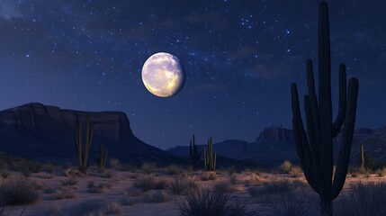 Fototapeta premium A serene desert landscape under a bright moon and starry sky, featuring cacti.