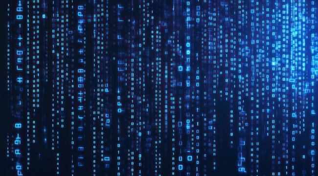 Blue binary code background with blue numbers on dark blue  data and cyber technology concept.