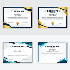 Obraz premium Four elegant certificate templates; gold, blue, teal design; white background; award document
