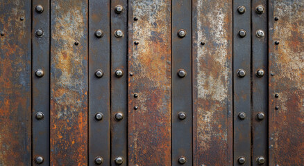 Fototapeta premium A weathered wall constructed from horizontal metal panels showcases an array of rust and wear, featuring visible rivets and unique textures that illustrate its age and exposure to elements