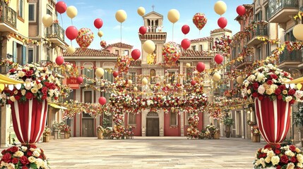 Festive Italian Square Decorated with Balloons and Flowers