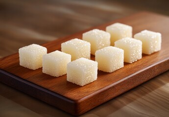 White Sugar Cubes on Wooden Board Displaying Natural Texture and Sparkle in Soft Lighting for Culinary or Beverage Themes