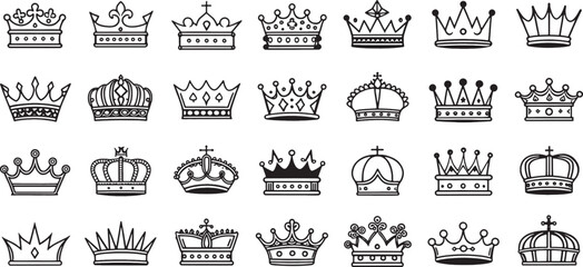 Set of Crown icon line art black icon