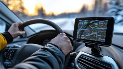 GPS Navigator in Car with Driver's Hands on Steering Wheel