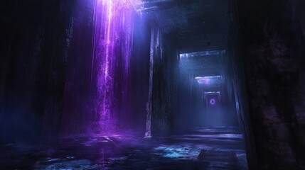Dark, mystical, ancient cavern lit by vibrant purple energy