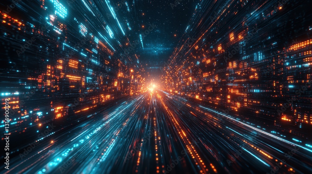Poster dynamic light speed travel through a futuristic data city cybernetic environment digital art sci-fi 