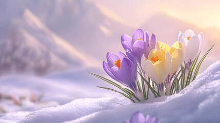 Crocuses growing from the snow, their soft petals in purple, yellow, and white standing out in the early spring landscape.