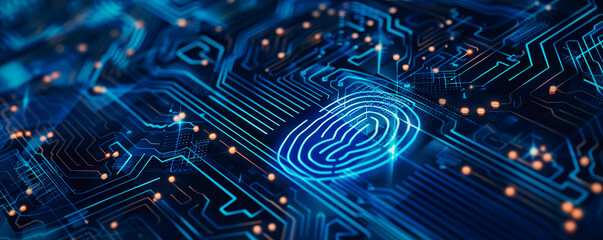 Circuit board with glowing fingerprint for digital security