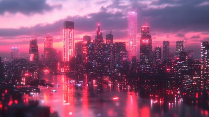 Obraz premium Vibrant sunset over futuristic city skyline urban landscape aerial view neon lights serene atmosphere