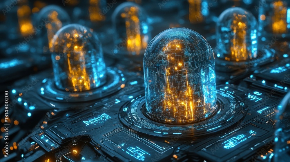 Poster futuristic technology installation virtual lab 3d rendering neon environment close-up view innovativ