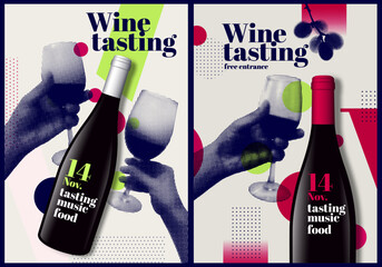Poster template with halftone effect of hand and wine glass, and bottle realistic illustration. Mock-up text for poster composition. Vector