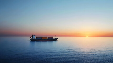 Fototapeta premium Cargo Ship At Sunset On Calm Ocean