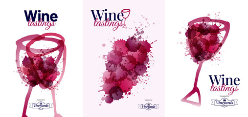 Poster template with hand drawn wine glasses and artistic drops stains. Wine stains for grape bunch concept illustration. Vector illustration © Ografica