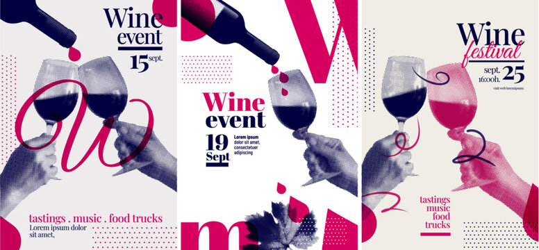 Poster template with hands toasting with wine glasses. Halftone effect. Collage. Vector illustration.