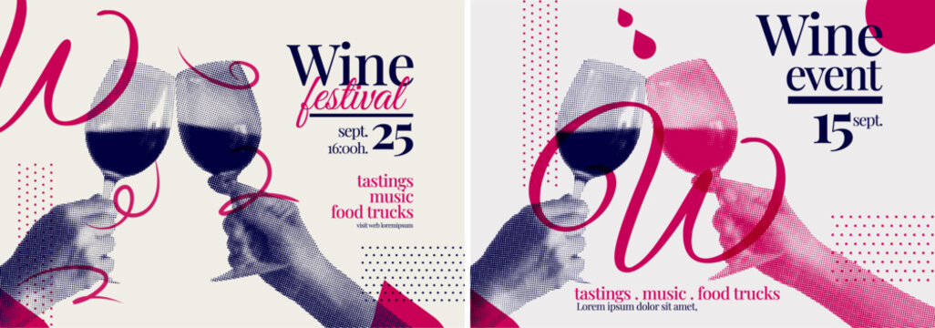 Poster template with hands toasting with wine glasses. Halftone effect. Collage. Vector illustration.