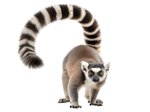 A ring-tailed lemur climbing headfirst indoor studio wildlife photography, isolated on white or transparent background