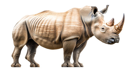 Fototapeta premium Side view full-body portrait of a rhino isolated on transparent background, featuring an African safari rhinoceros with its horn, highlighting endangered wildlife species.