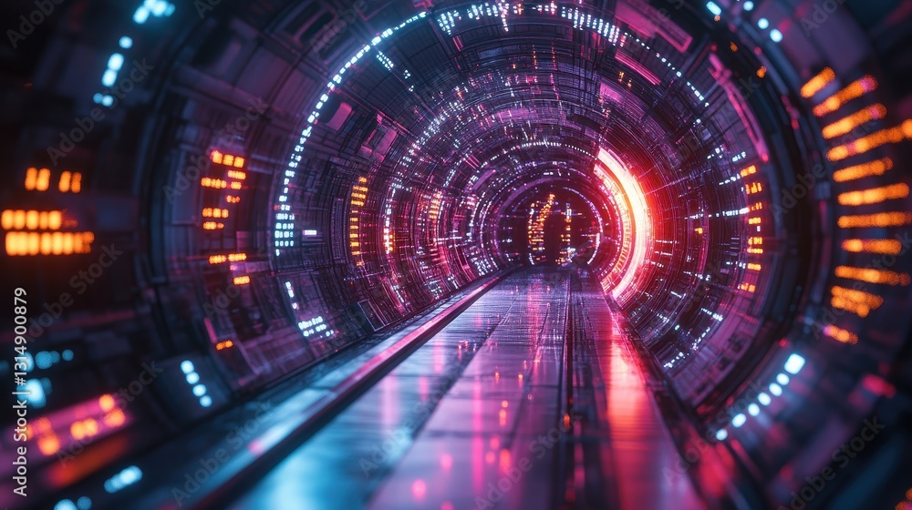 Poster exploring futuristic tunnel design sci-fi setting digital art vibrant colors perspective view techno