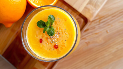 A vibrant glass of orange juice garnished with mint leaves, perfect for a refreshing breakfast or snack.