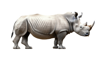 Fototapeta premium Side view full-body portrait of a rhino isolated on transparent background, featuring an African safari rhinoceros with its horn, highlighting endangered wildlife species.