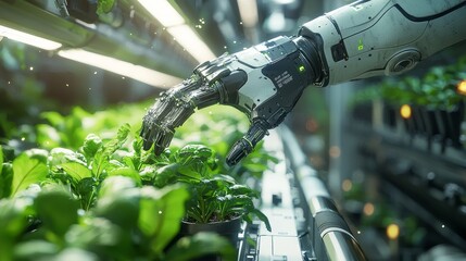 A robotic hand interacts with vibrant green plants in a high-tech farming environment, showcasing the fusion of technology and agriculture.