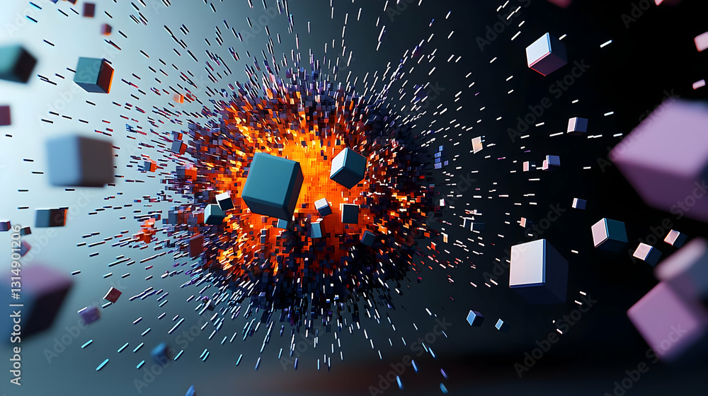 Poster 3d render of colorful cubes exploding with bright orange center on dark background
