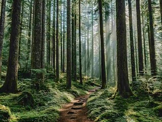 Obraz premium Sunlit Forest Trail, Mossy Path