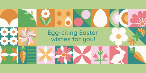 Wielkanocny zielony baner z mozaiką z świątecznymi symbolami. Wiosenny geometryczny wzór z królikiem, jajkami i kwiatami. © Monika