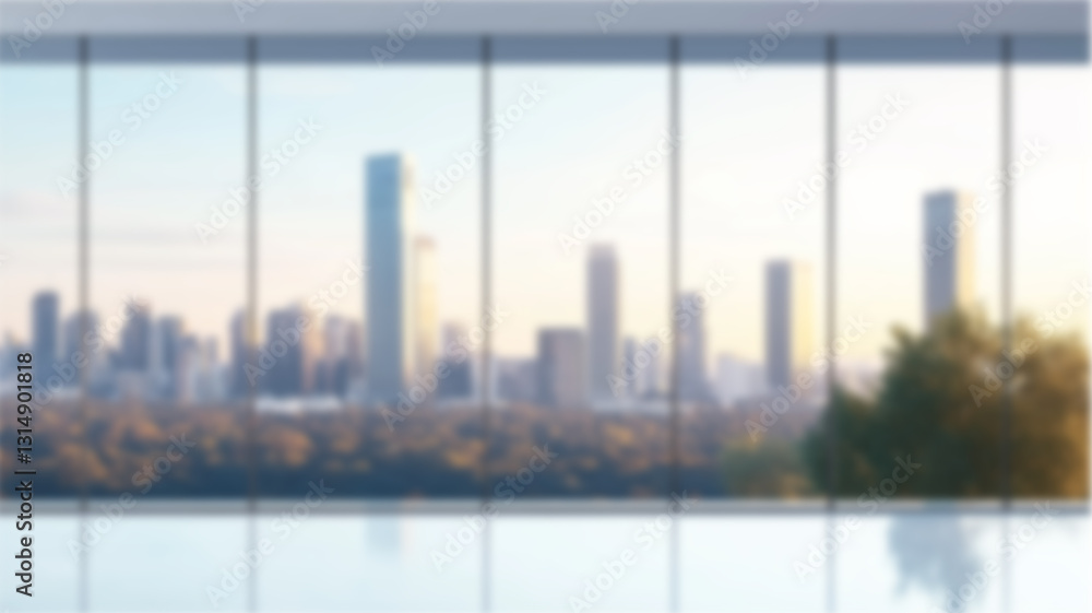 Poster city view blurred background. office and window view background, bokeh and copy space