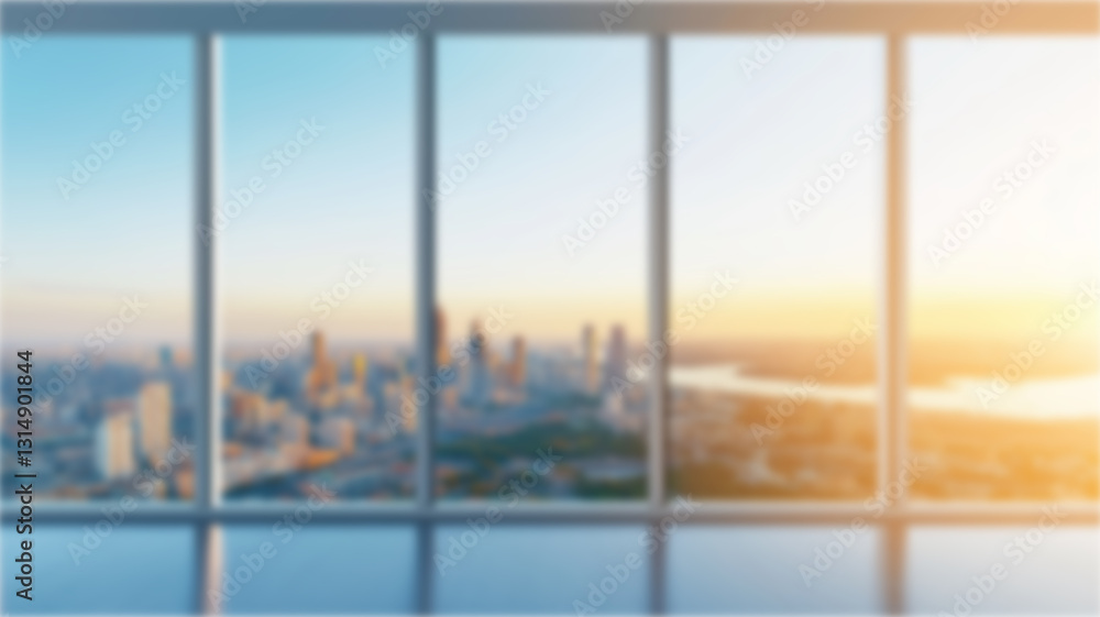 Poster city view blurred background. office and window view background, bokeh and copy space
