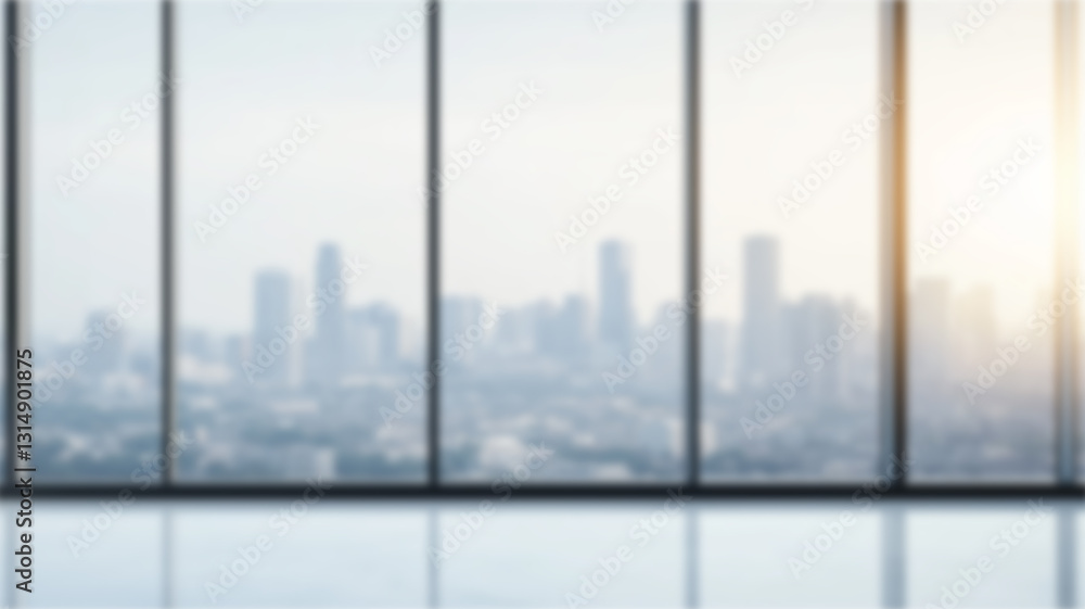 Poster city view blurred background. office and window view background, bokeh and copy space