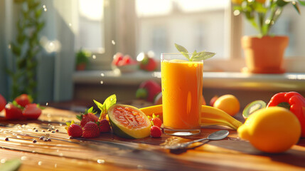 A cozy setting with fresh fruits and a glass of citrus drink, embodying freshness and vibrant atmosphere at home.
