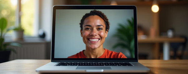 Smiling face on laptop screen during video call, happy face, positive