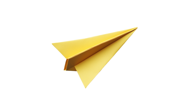 Yellow paper plane shape isolated, representing origami, craft, and fun childhood activities, ideal for creative, playful, or business-themed visuals.