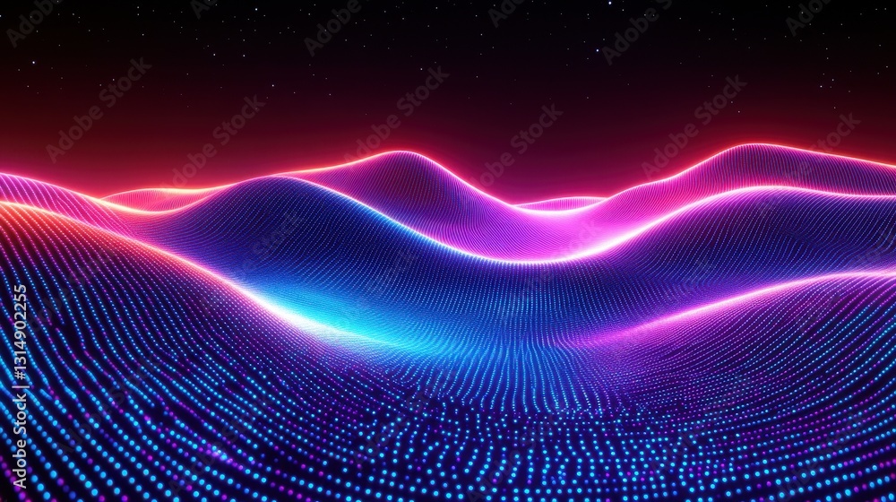 Poster dynamic neon waves flowing across a digital landscape abstract art futuristic environment high-tech 