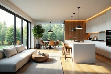 Spacious bright living area integrates seamlessly with stylish modern kitchen featuring island counter , chairs, kitchen, modern