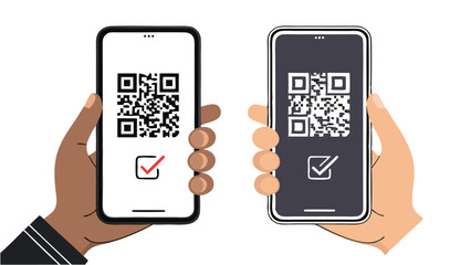 Illustration of Two Smartphones Scanning QR Codes with Checkmarks for Digital Transactions and Verification