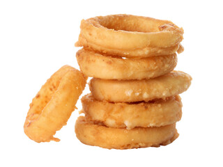 Stack of battered onion rings leaning against each other in a cozy kitchen environment, isolated on white or transparent background