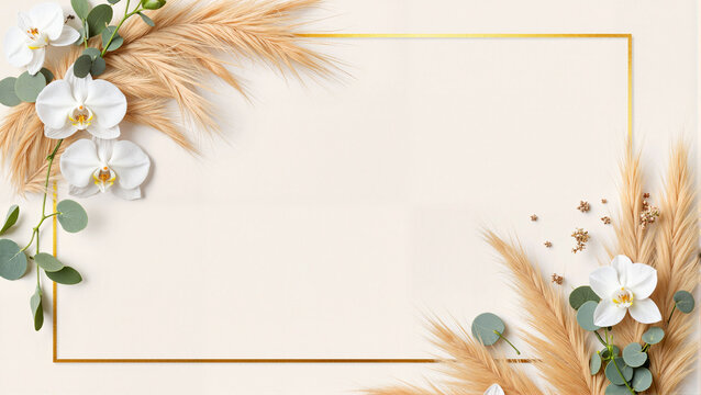Pampas grass border. Elegant pampas grass wedding frame with ivory orchids, romantic design