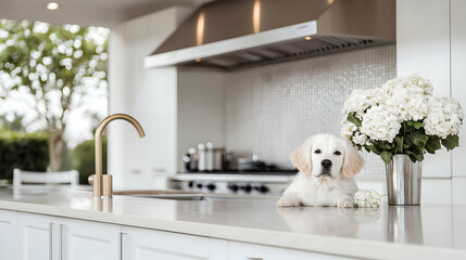 A beautiful puppy peeks from a kitchen countertop looking at you