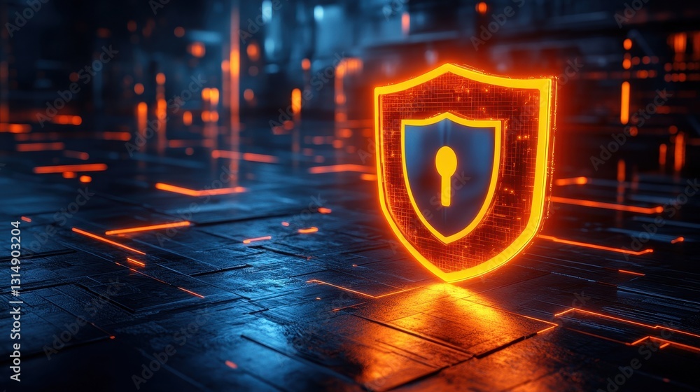 Poster cybersecurity action shield symbol in futuristic digital environment technology concept dark backgro