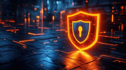 Cybersecurity action shield symbol in futuristic digital environment technology concept dark background